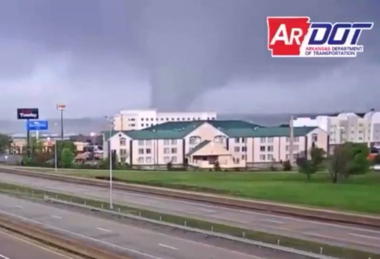 ARDOT traffic camera still capturing the EF3 tornado funnel over a Jonesboro street, March 28 2020