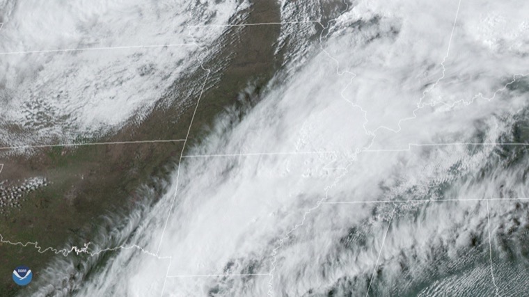 GOES-East GeoColor satellite image showing supercell thunderstorms over Arkansas on March 28 2020, the storm system that produced the Jonesboro EF3 tornado